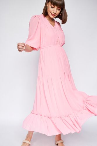 Flared Solid Straight Dress, Coral, image 3